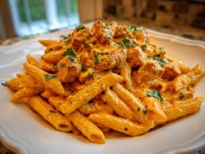 Close-up of creamy cajun chicken pasta featuring penne coated in an orange sauce with chunks of seasoned chicken.