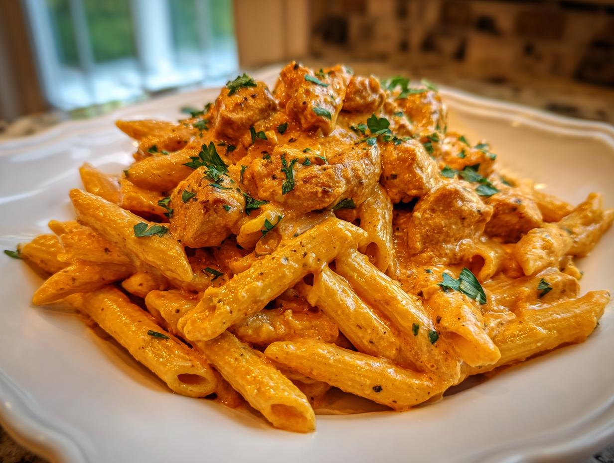 Close-up of creamy cajun chicken pasta featuring penne coated in an orange sauce with chunks of seasoned chicken.