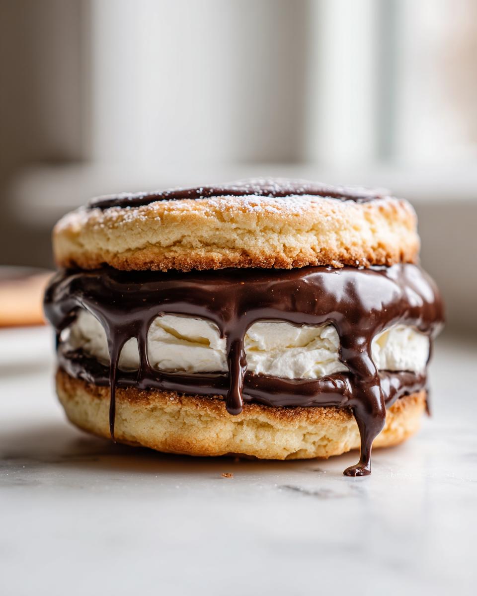 A decadent boston cream pie cookies sandwich filled with white cream and dripping with rich chocolate ganache.