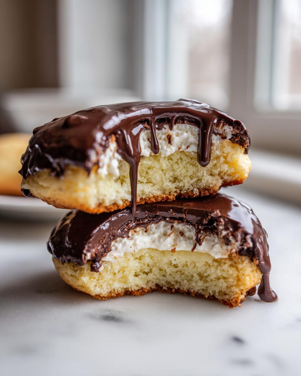 Two halves of a boston cream pie cookies stacked, showing the cake, cream filling, and dripping chocolate glaze.