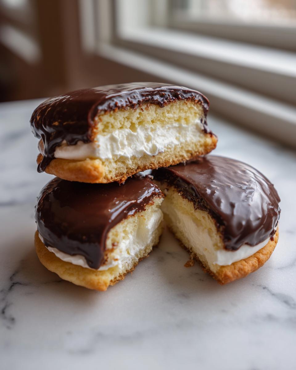 Close-up of boston cream pie cookies cut in half showing cake, cream filling, and chocolate glaze.
