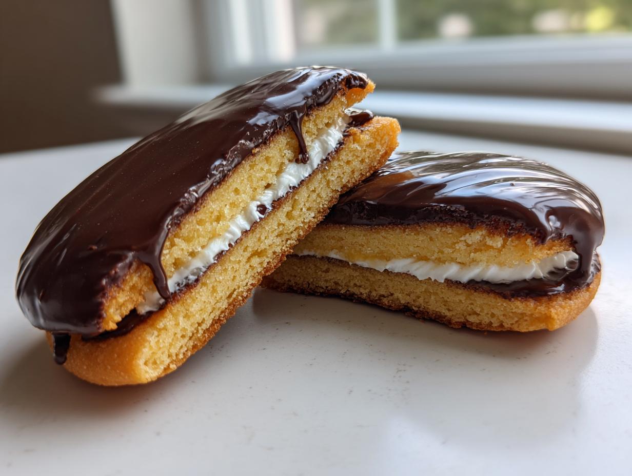 Two halves of a boston cream pie cookies showing the vanilla cake, cream filling, and chocolate glaze.