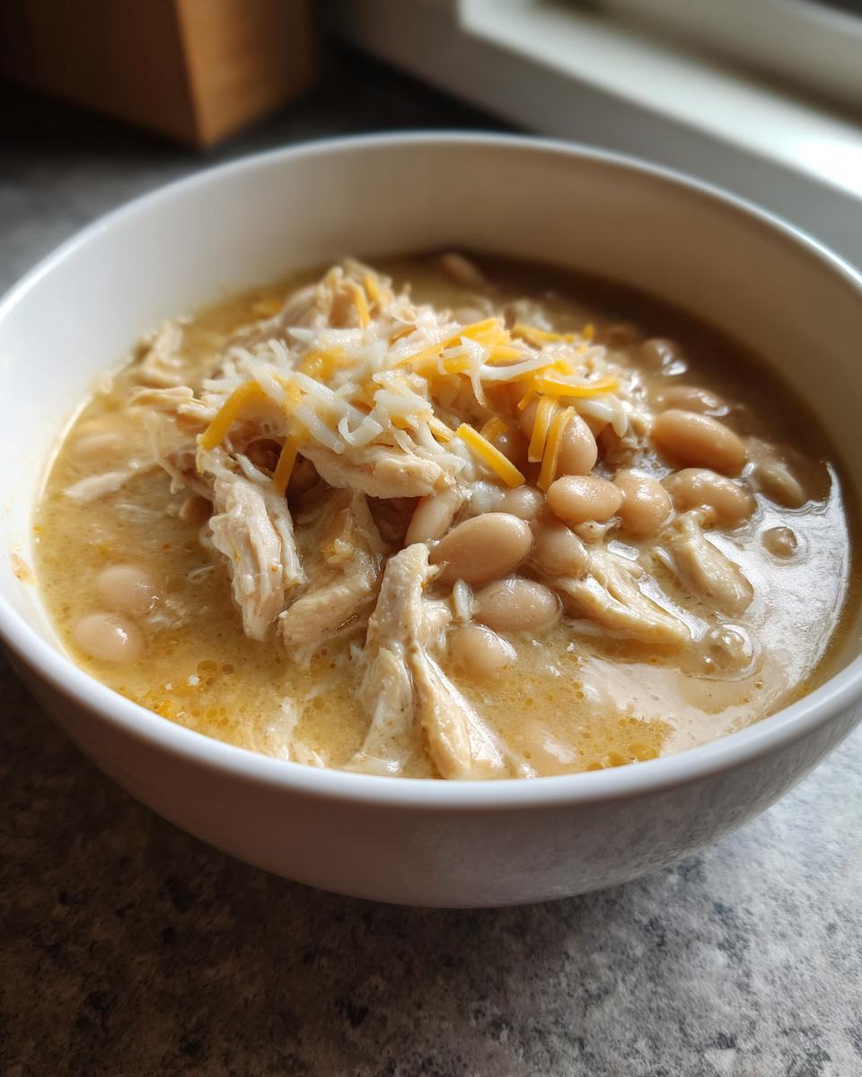 Close-up of a white bowl filled with creamy chicken chili, featuring shredded chicken, white beans, and shredded cheese topping.