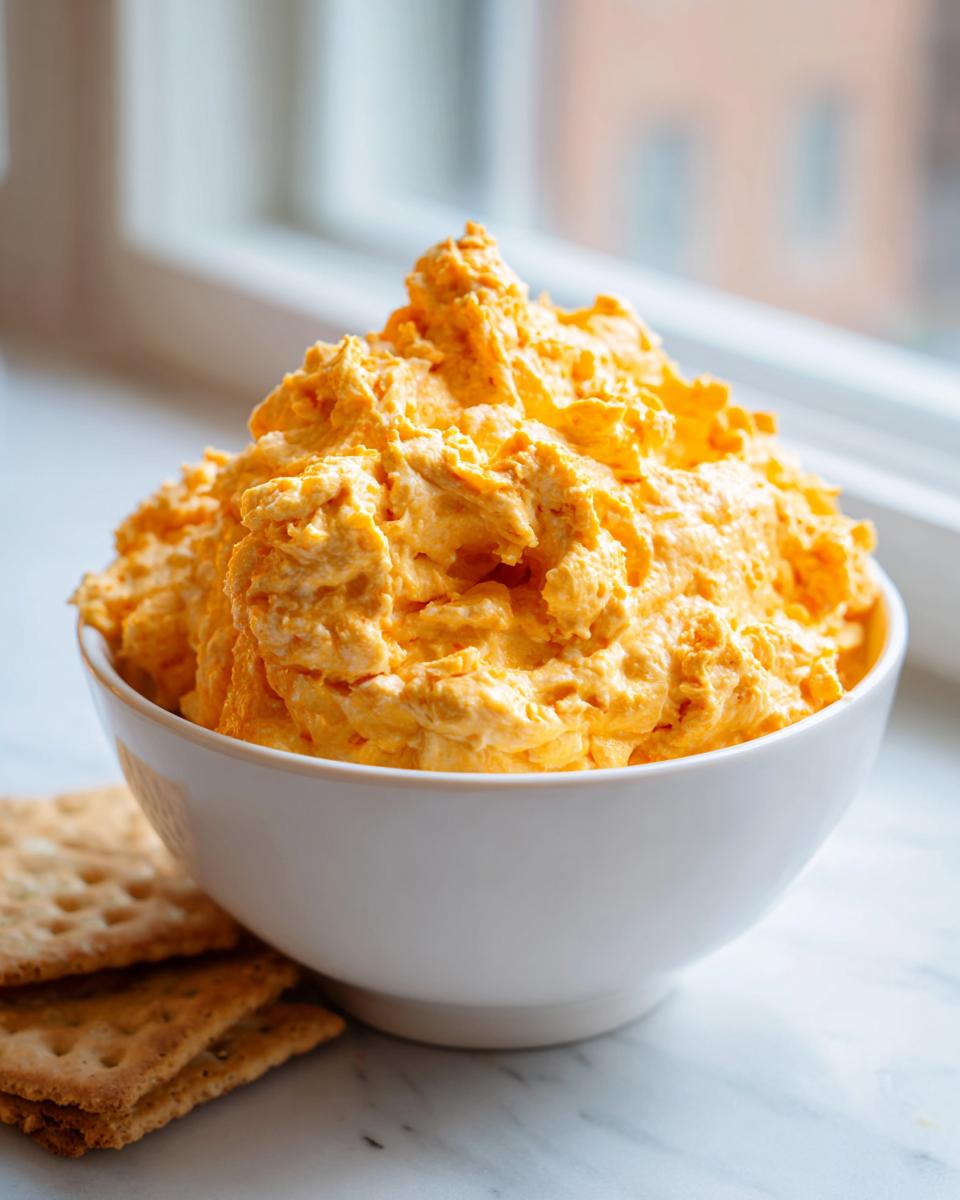 A white bowl filled high with bright orange, fluffy pumpkin fluff dip, served next to crackers on a marble surface.
