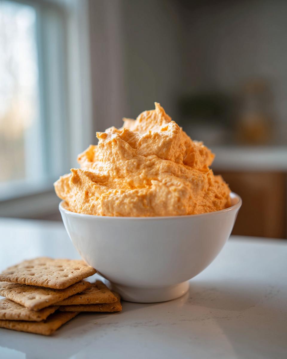 A white bowl filled high with bright orange pumpkin fluff dip, served next to a stack of graham crackers.