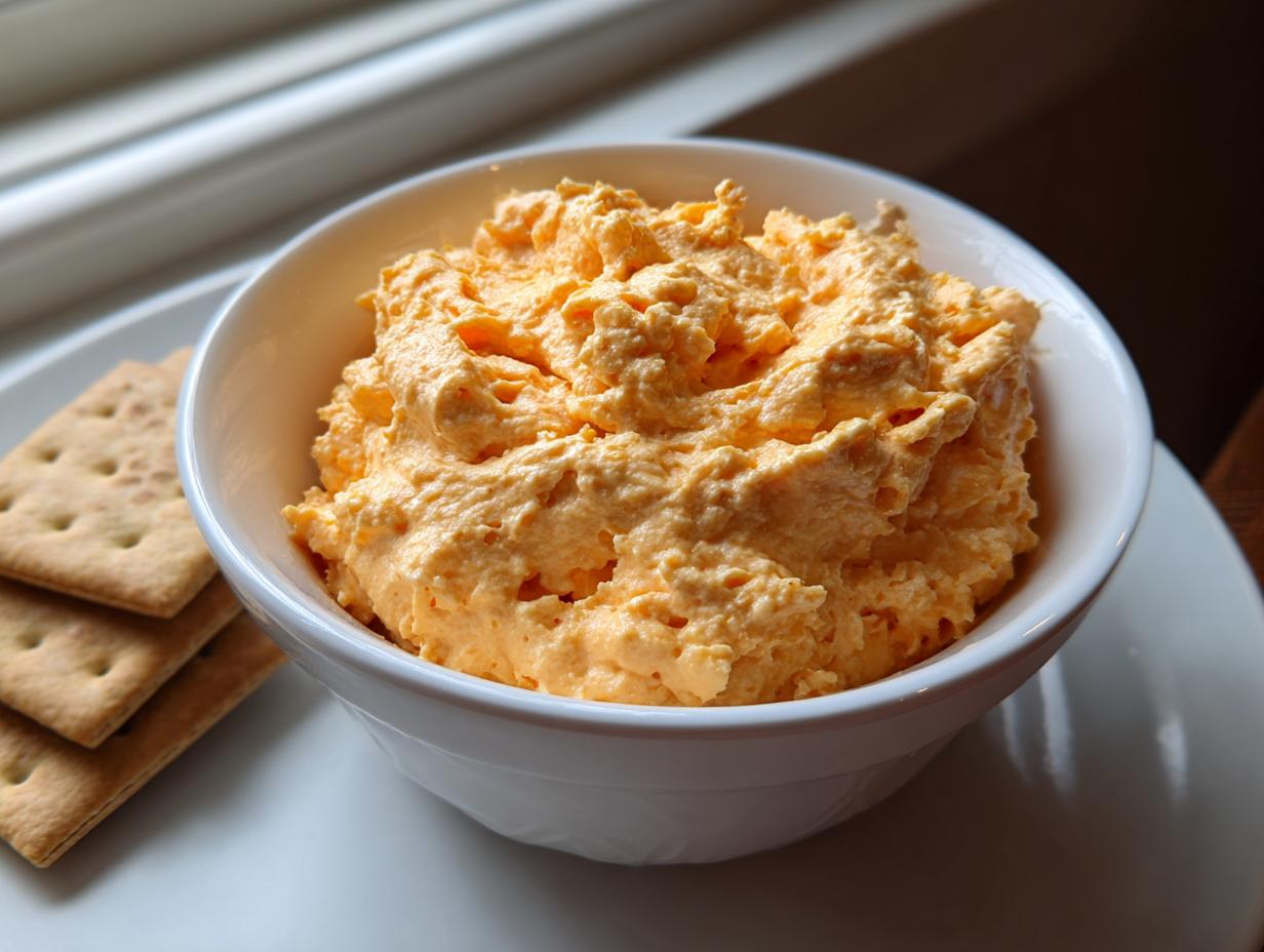 A white bowl filled with bright orange, fluffy pumpkin fluff dip served next to a stack of square crackers.