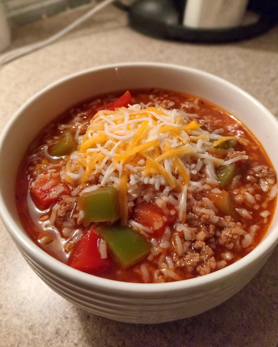 Close-up of a hearty bowl of stuffed pepper soup with ground beef, rice, peppers, and shredded cheese topping.