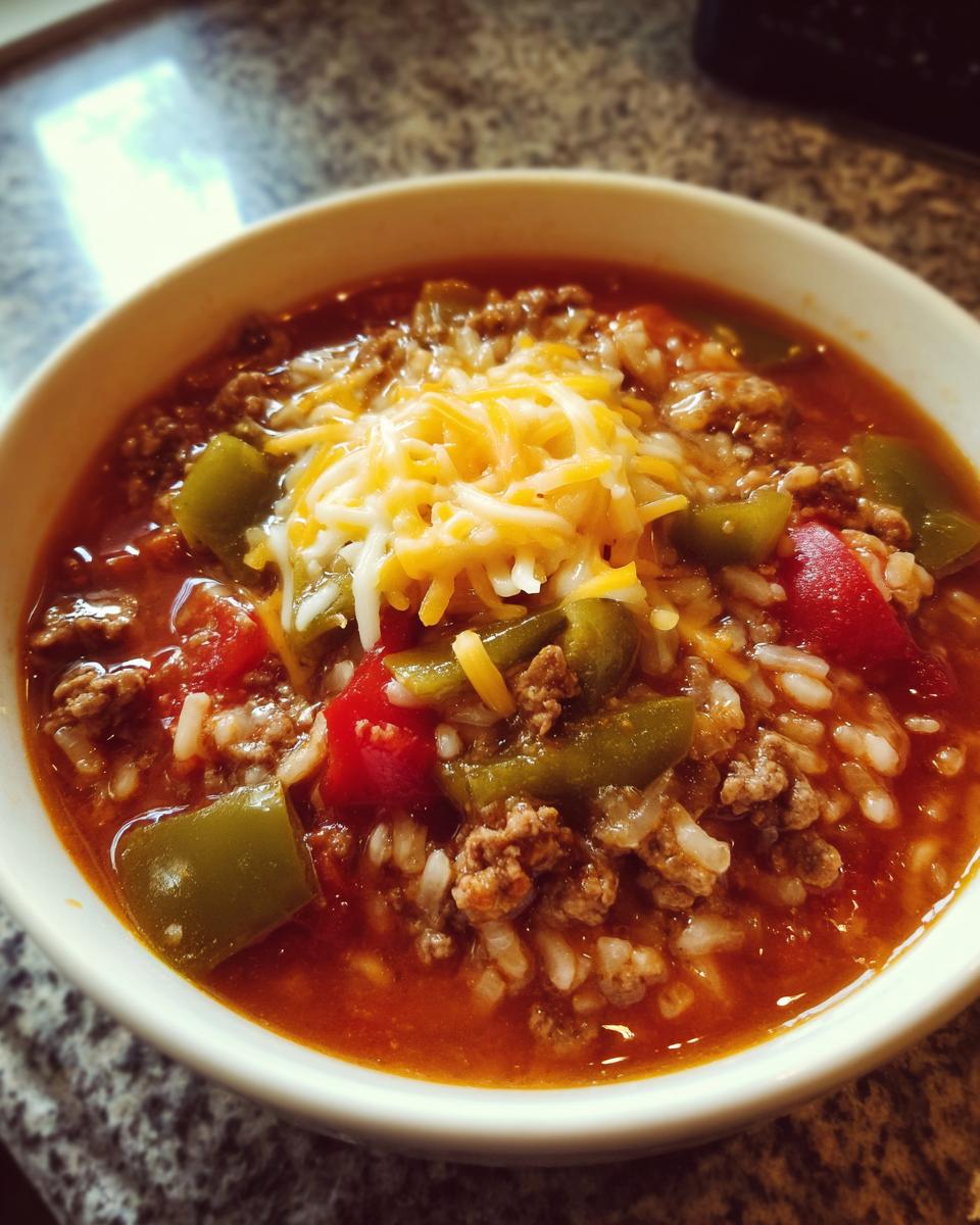 A close-up of a white bowl filled with rich stuffed pepper soup, featuring ground beef, rice, green peppers, and topped with shredded cheese.