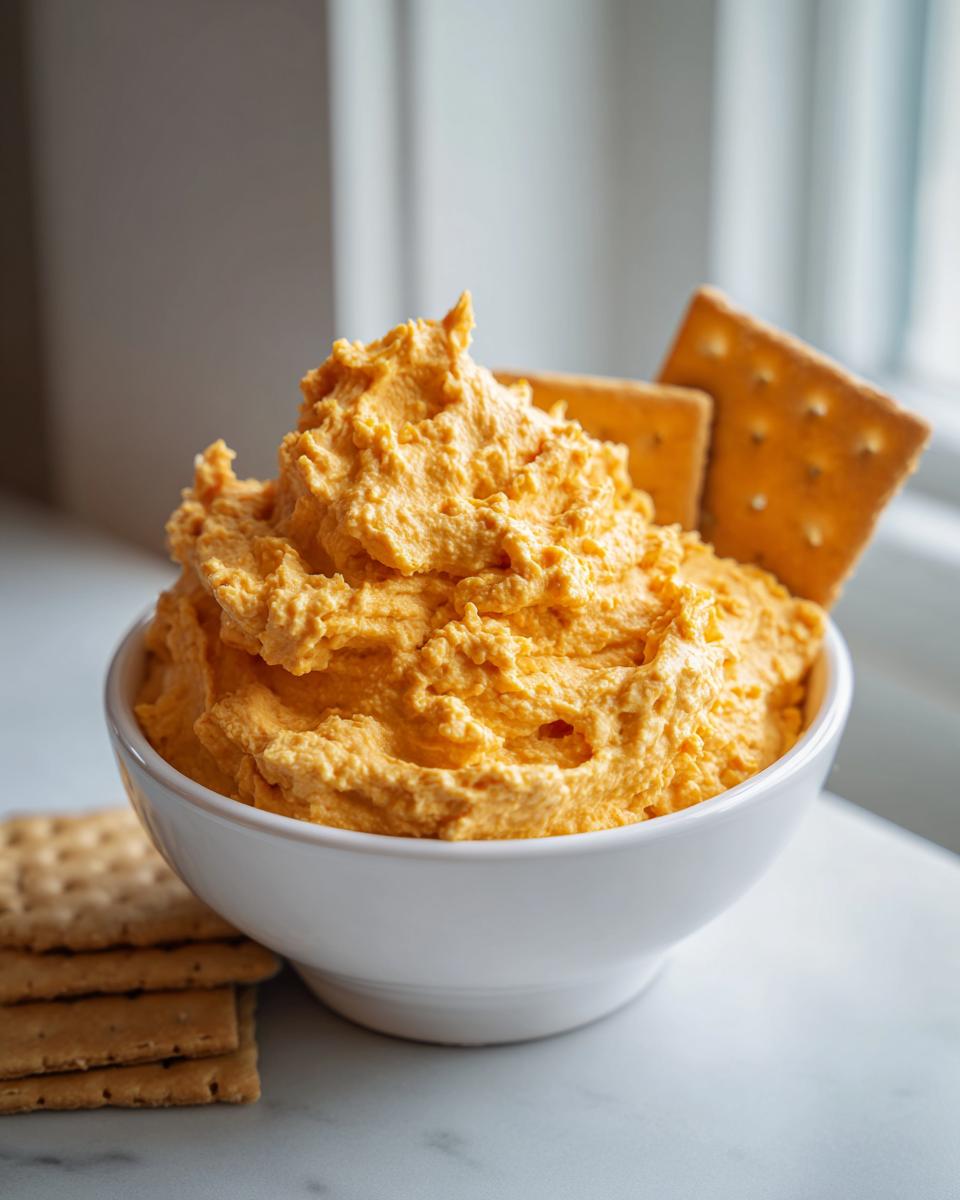 A serving of bright orange pumpkin fluff dip mounded high in a white bowl, served with crackers.