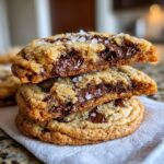 Close-up of brown butter chocolate chip cookies stacked, showing gooey melted chocolate centers and sea salt flakes.