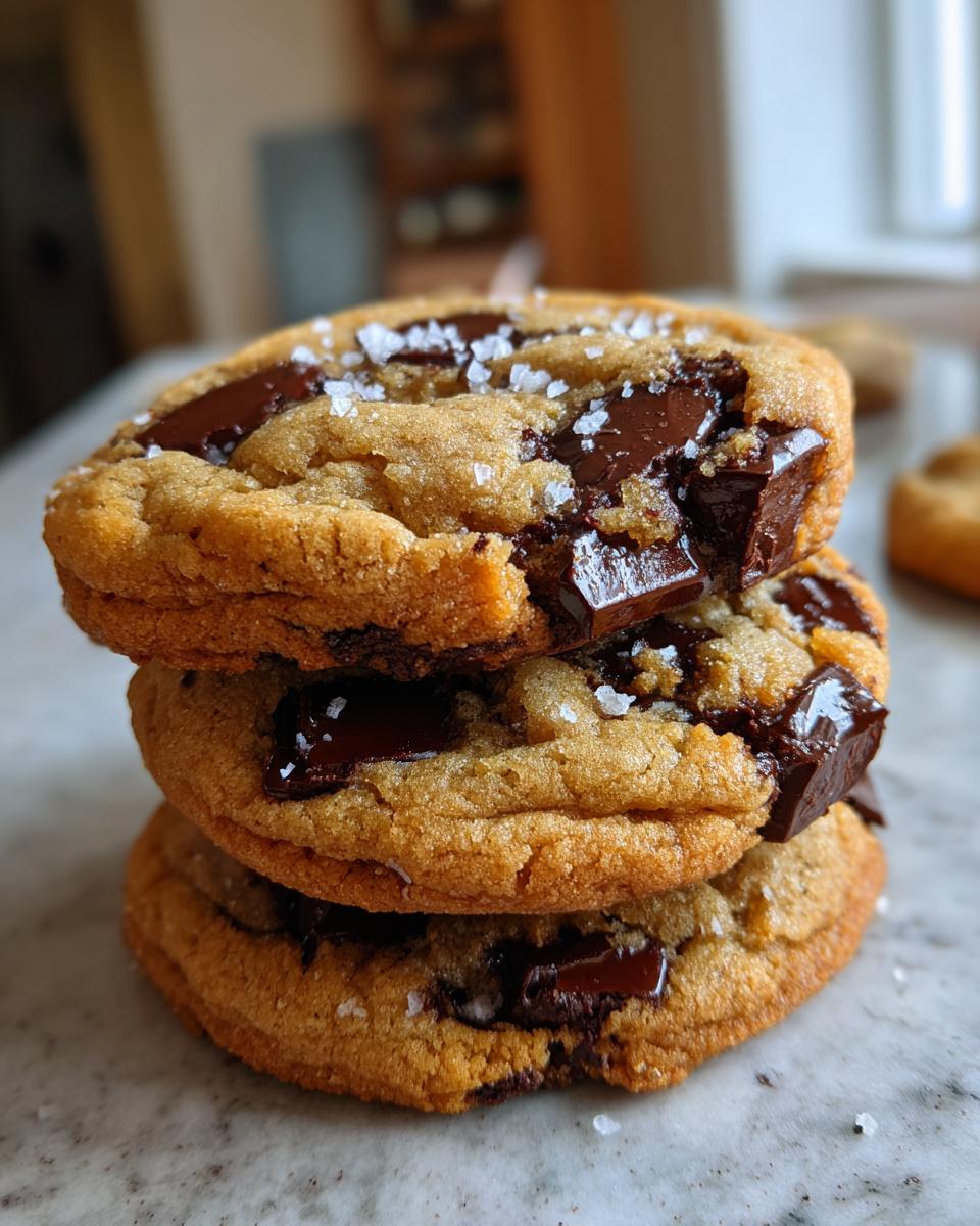 A close-up stack of three gooey brown butter chocolate chip cookies topped with melted chocolate chunks and flaky sea salt.