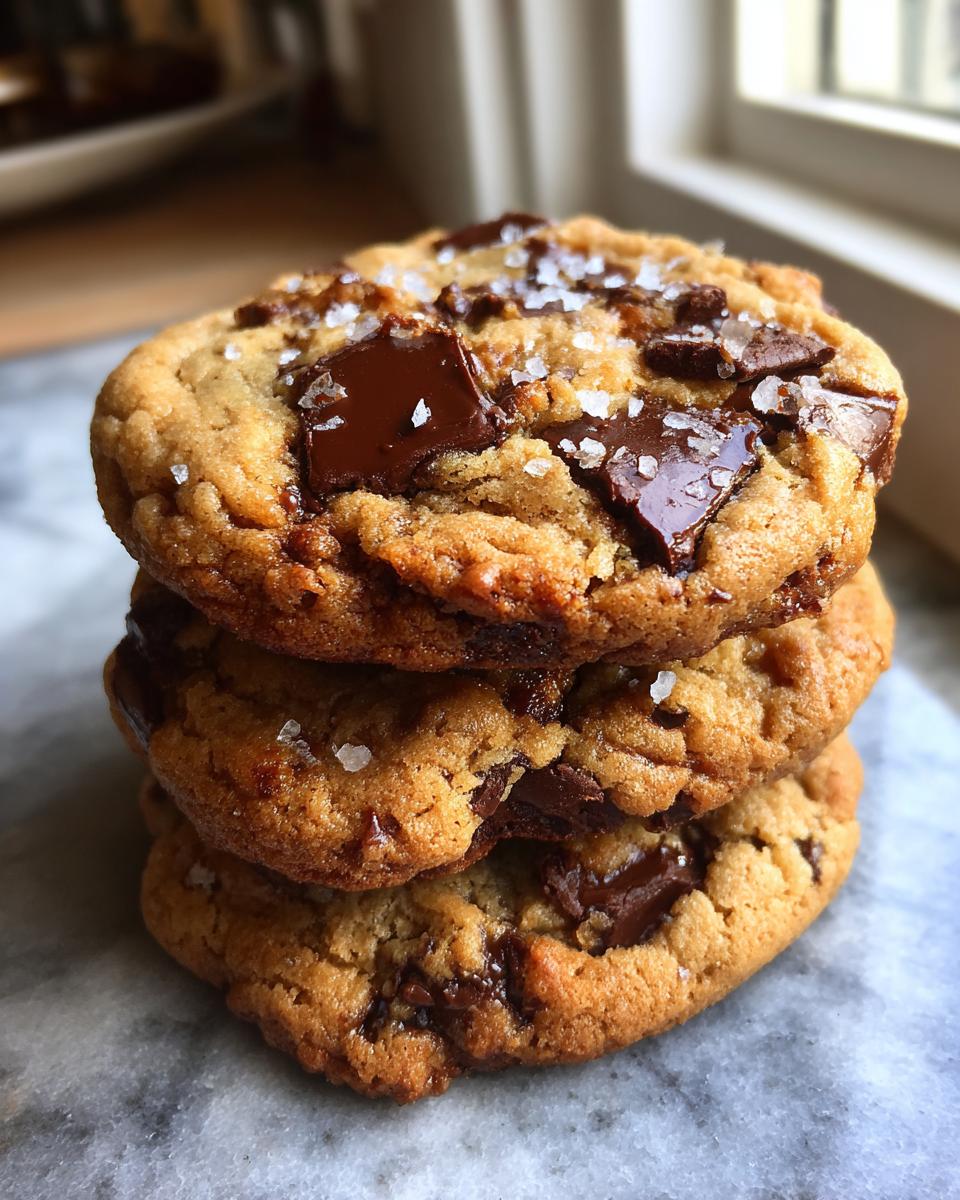 A stack of three chewy brown butter chocolate chip cookies topped with melted chocolate chunks and flaky sea salt.