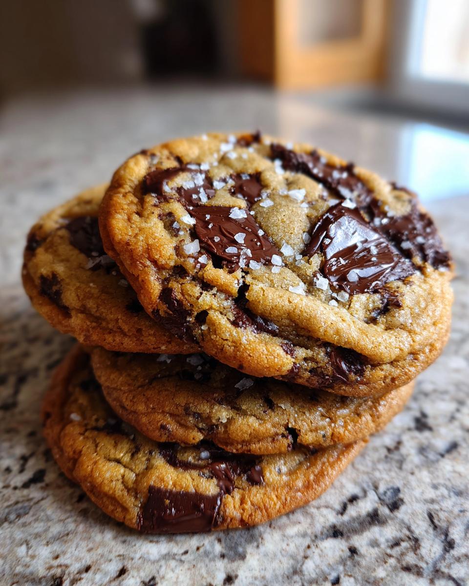 A stack of three gooey brown butter chocolate chip cookies topped with flaky sea salt.