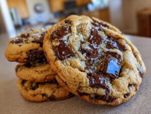 A close-up stack of three chewy brown butter chocolate chip cookies topped with flaky sea salt.