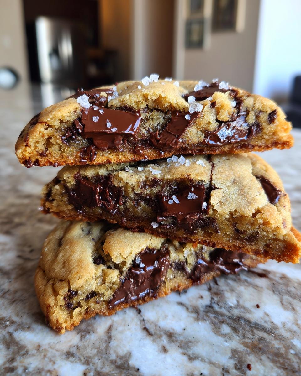 Close-up of three stacked brown butter chocolate chip cookies cut in half, showing gooey melted chocolate chunks and sea salt.