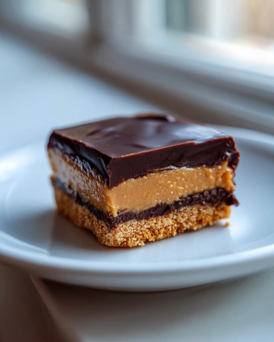 A single square of buckeye graham crackers bar featuring a graham cracker crust, peanut butter layer, and chocolate topping.