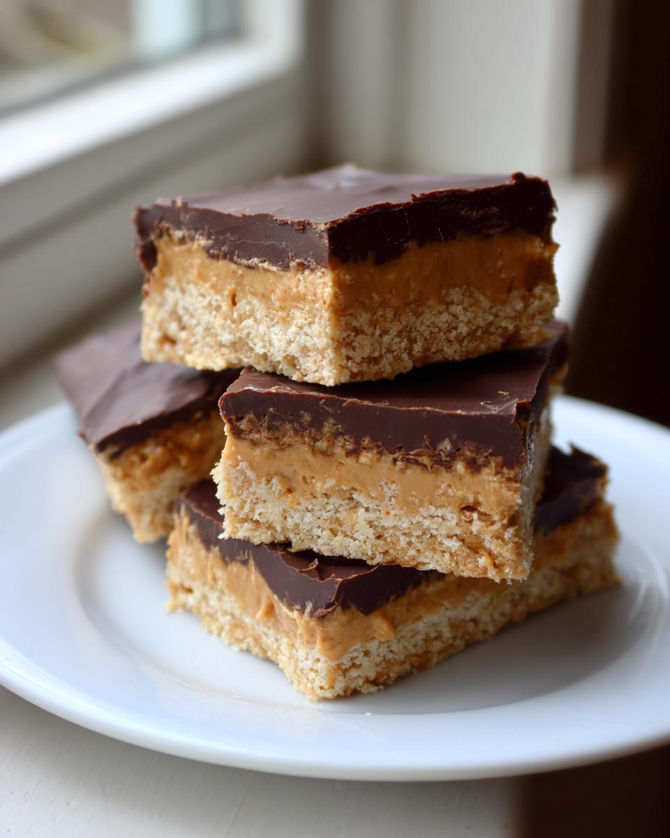 Close-up of stacked buckeye graham crackers bars showing the crust, peanut butter filling, and chocolate topping.