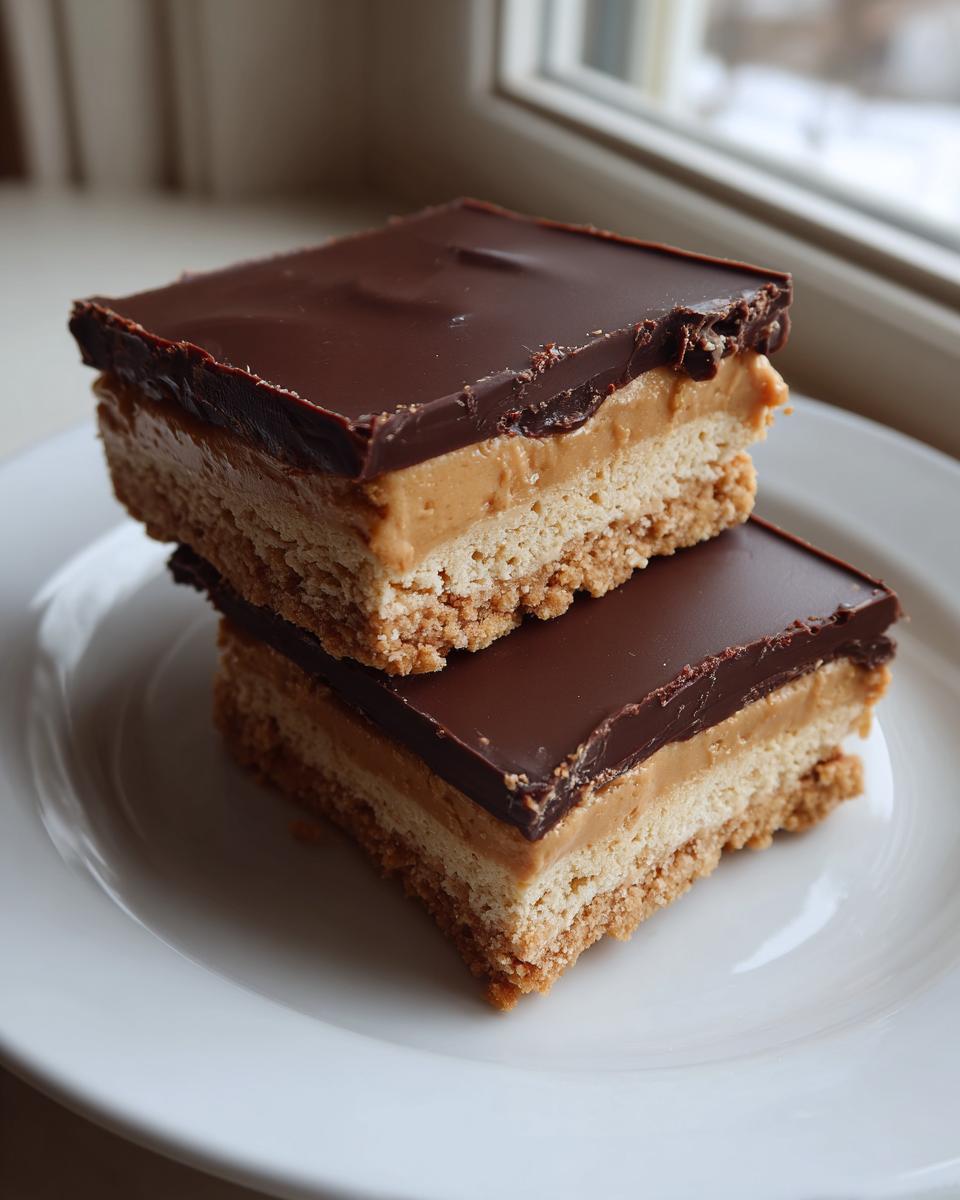 Two stacked bars of buckeye graham crackers dessert featuring a crumbly base, peanut butter layer, and chocolate topping.