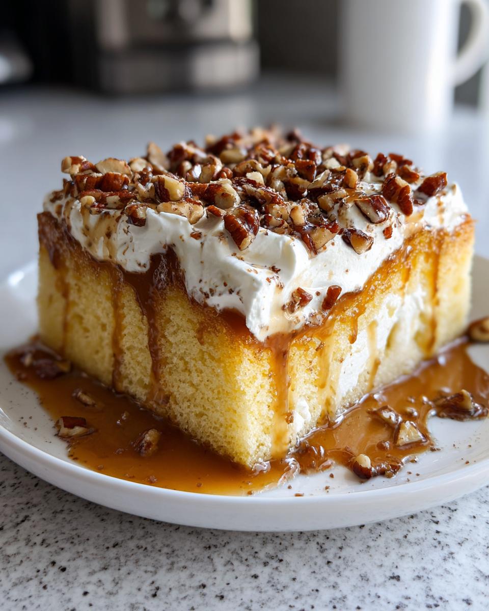 A square slice of moist butter pecan praline poke cake topped with whipped cream, caramel sauce, and chopped pecans.