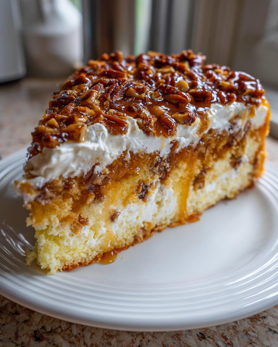 A generous slice of butter pecan praline poke cake showing layers of cake, cream, and sticky pecan topping.