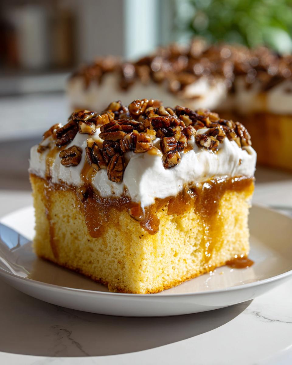 A square slice of moist butter pecan praline poke cake topped with whipped cream and candied pecans.
