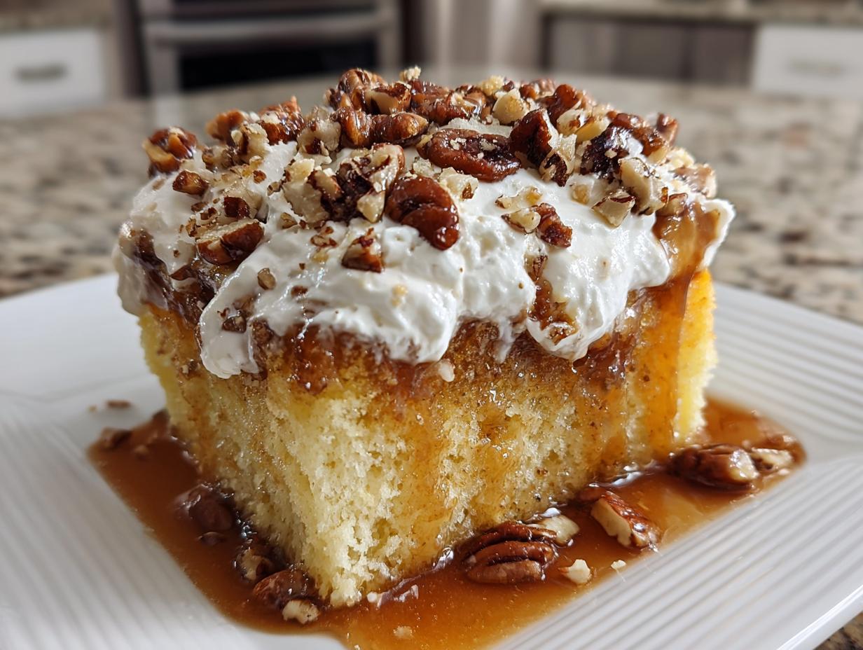 A moist slice of butter pecan praline poke cake topped with whipped cream and chopped pecans, sitting in caramel sauce.