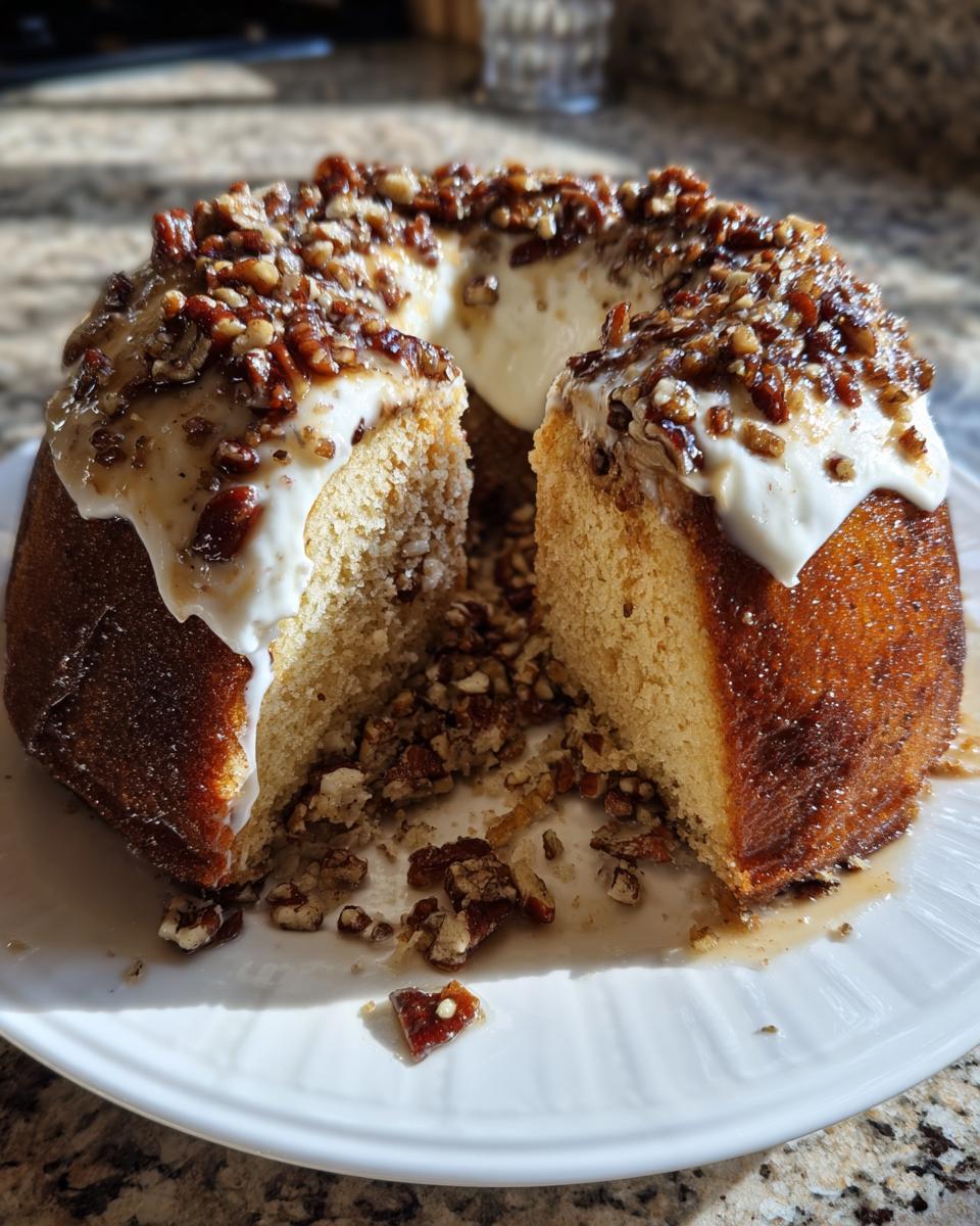 A bundt-style butter pecan praline poke cake with white frosting and candied pecans, sliced open on a white plate.