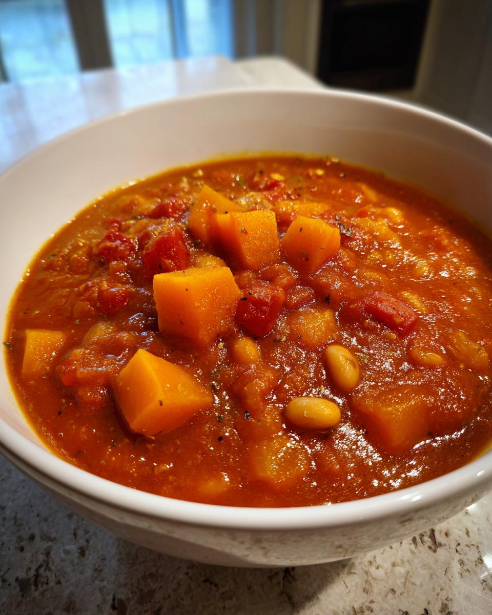 Close-up of a white bowl filled with rich, red butternut squash chili featuring visible chunks of orange squash and white beans.