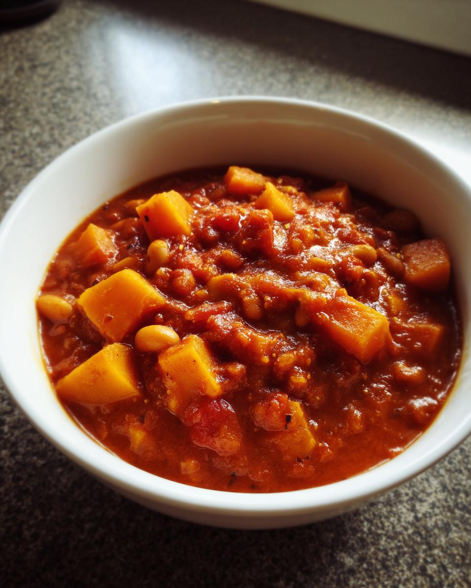 Close-up of a white bowl filled with rich, red butternut squash chili featuring large chunks of orange squash and beans.