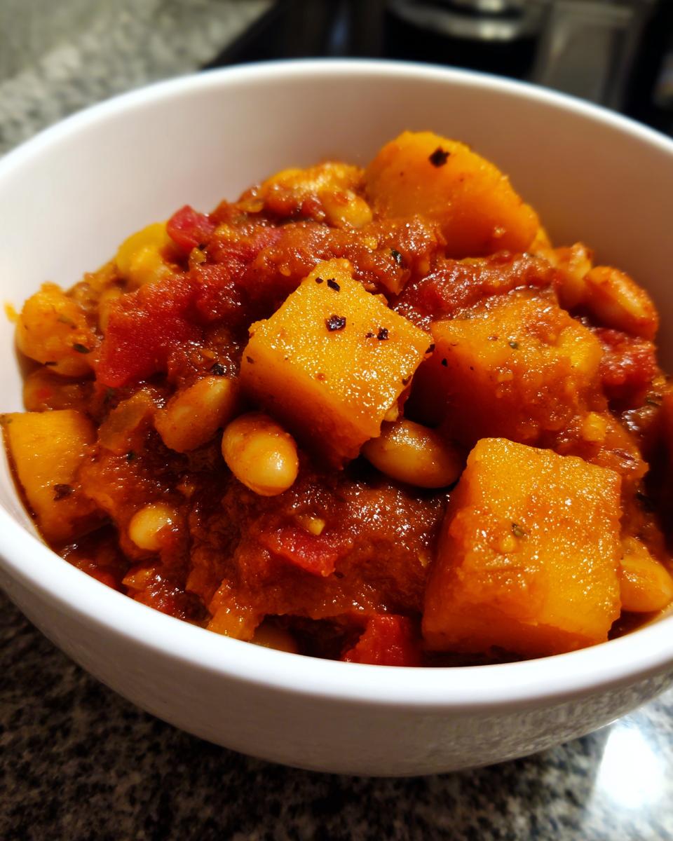 Close-up of thick, rich butternut squash chili featuring large orange cubes of squash and white beans in a white bowl.