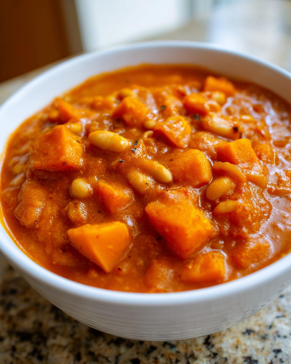 Close-up of rich, orange butternut squash chili with white beans in a white bowl.