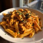 A close-up of creamy cajun chicken pasta with penne, topped with fresh parsley, served in a white bowl.