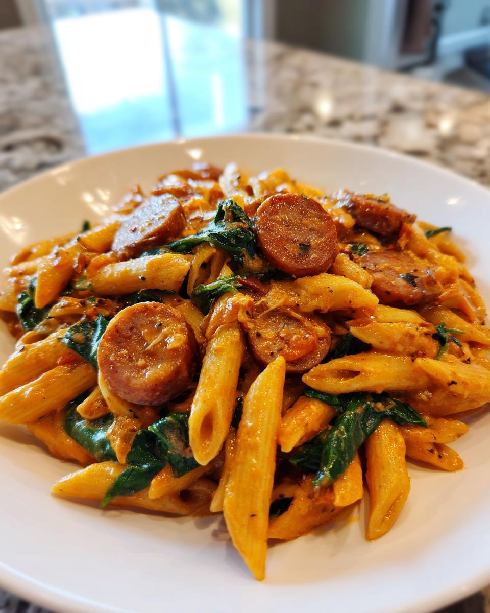 Close-up of a white bowl filled with creamy Cajun sausage pasta, featuring penne, sliced sausage, and wilted spinach.