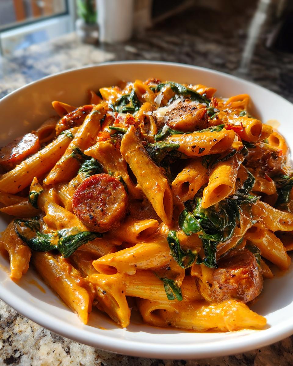 A close-up of creamy Cajun sausage pasta featuring penne, sliced sausage, and wilted spinach in a white bowl.