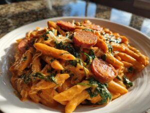 A close-up of creamy Cajun sausage pasta featuring penne, sliced sausage, and wilted spinach, served in a white bowl.