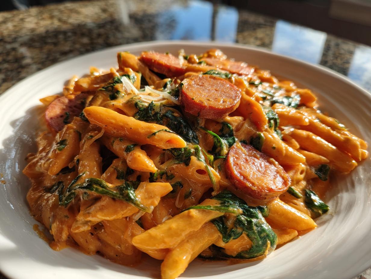 A close-up of creamy Cajun sausage pasta featuring penne, sliced sausage, and wilted spinach, served in a white bowl.