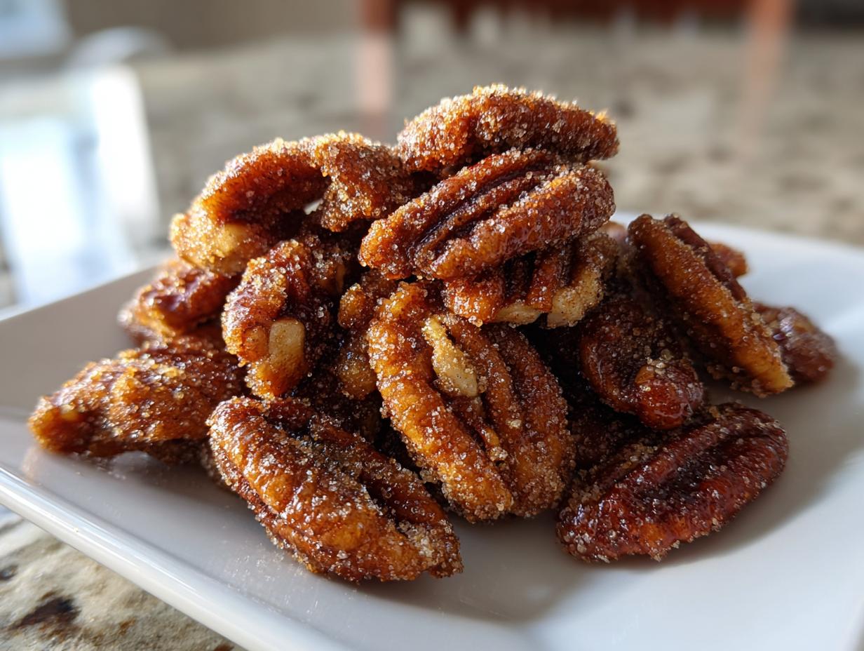 A close-up shot of a small pile of freshly made candied pecans recipe nuts coated in sparkling sugar crystals.