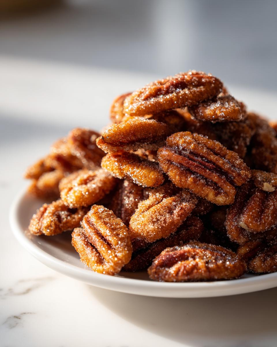 A pile of freshly made candied pecans recipe nuts coated in sparkling sugar, served on a small white plate.