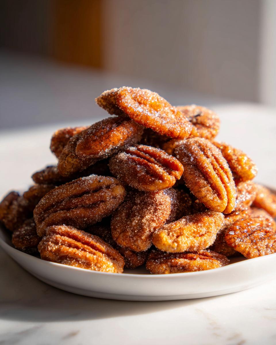 A mound of freshly made candied pecans coated in sparkling sugar, ready to eat.