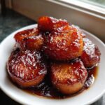 A close-up of several thick slices of candied sweet potatoes covered in a rich, dark, glossy syrup.