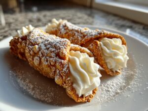 Two freshly made cannoli filled with sweet ricotta cream and dusted heavily with powdered sugar.