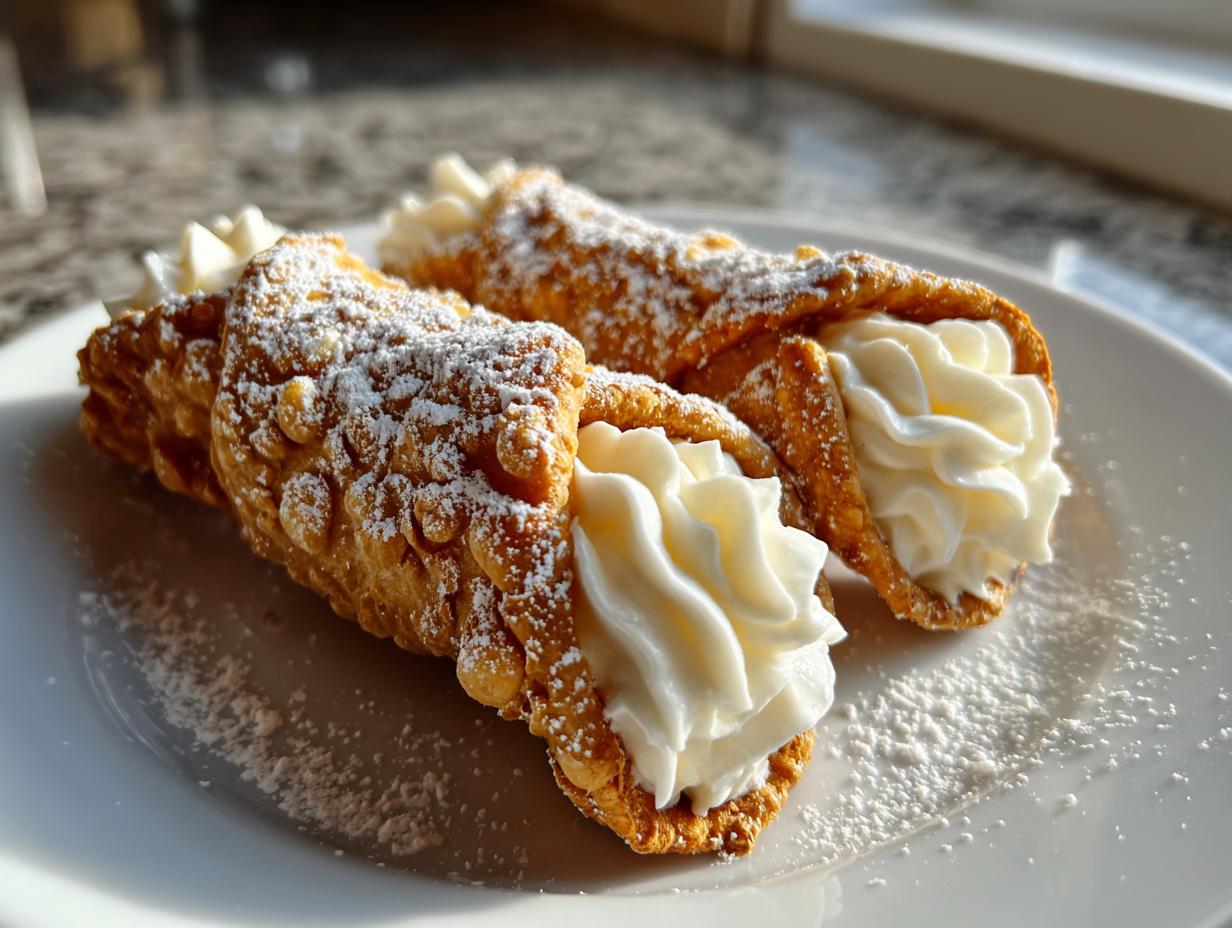 Two freshly made cannoli filled with sweet ricotta cream and dusted heavily with powdered sugar.