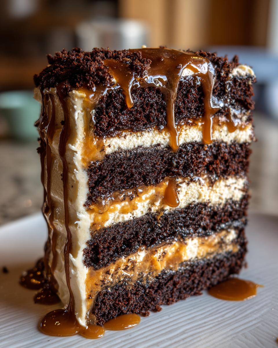 A tall slice of decadent Capricorn cake featuring dark chocolate layers, cream filling, and dripping caramel sauce.