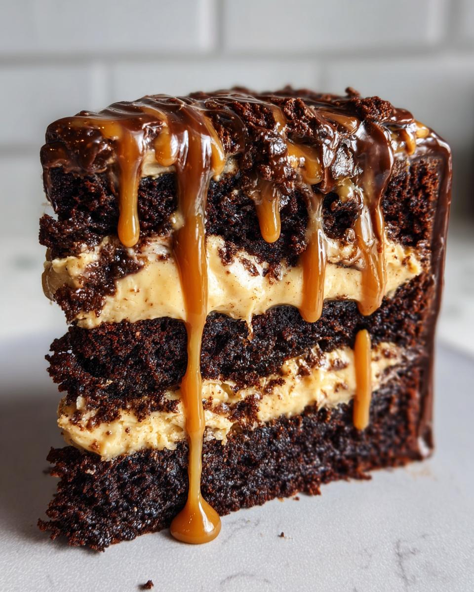 Close-up of a decadent slice of Capricorn Cake with dark chocolate layers and caramel frosting dripping down.