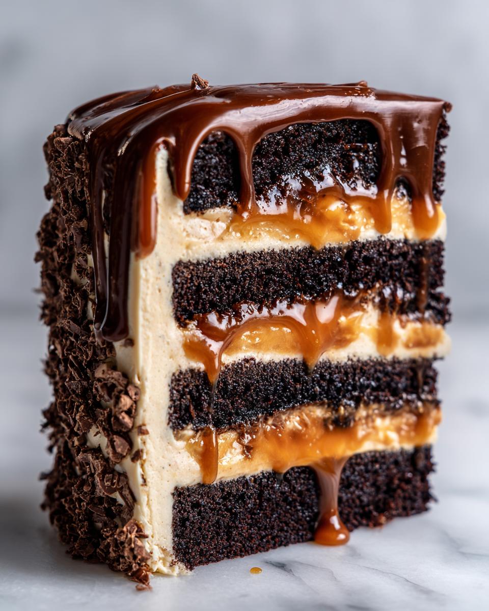 Close-up of a rich slice of Capricorn cake showing dark chocolate layers, cream filling, and dripping caramel sauce.