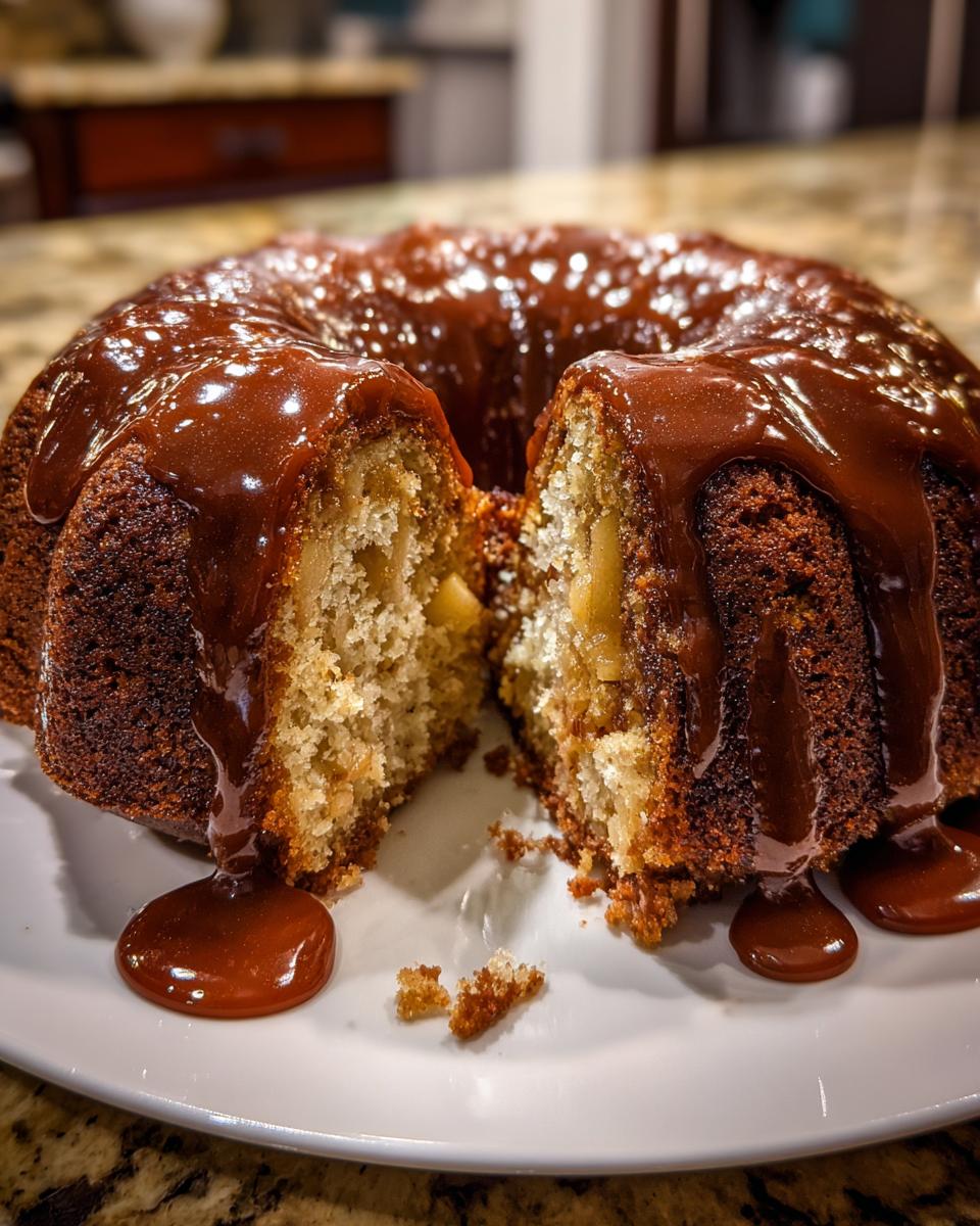 A rich apple bundt cake drizzled with thick caramel sauce, cut to show the moist interior.