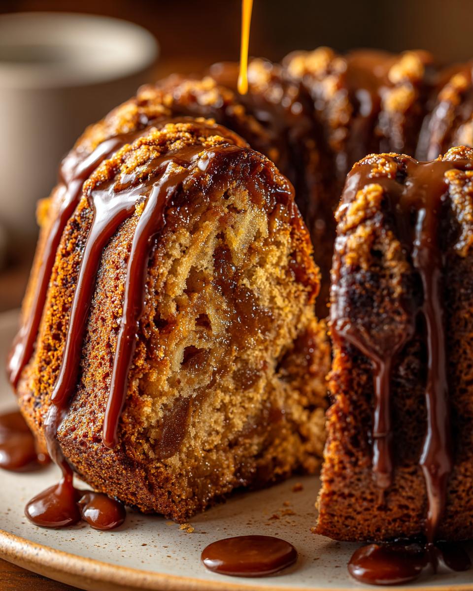 Close-up of a rich apple bundt cake with a thick caramel sauce being drizzled over the top.