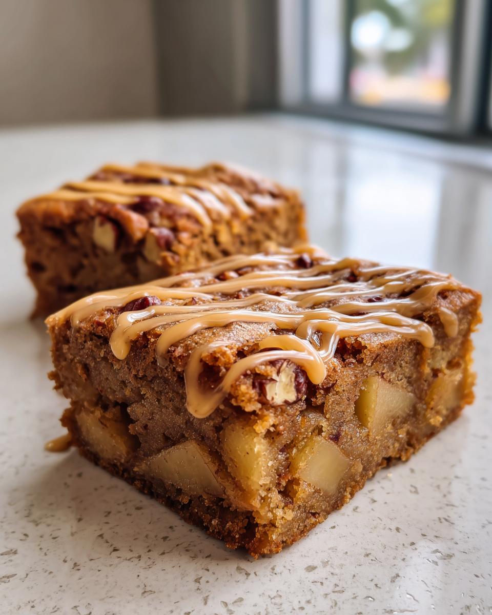 A close-up of a square apple brownies slice featuring chunks of apple, pecans, and a caramel drizzle on top.