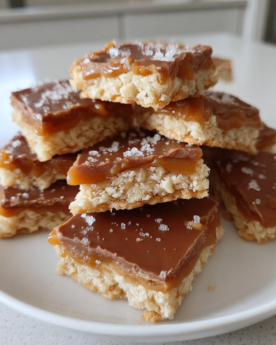 A stack of square Caramel Ritz Cracker Christmas Cookies topped with flaky sea salt on a white plate.