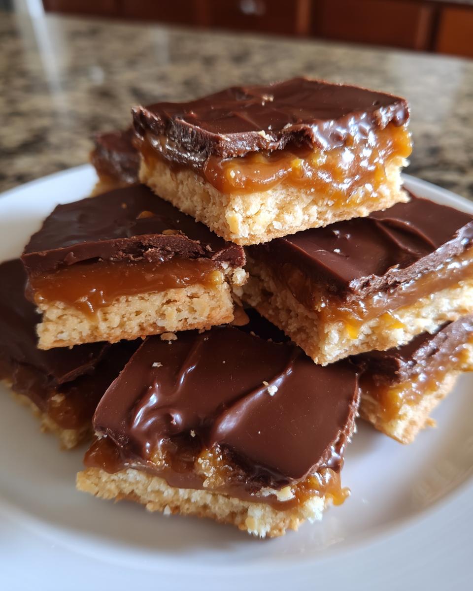 A stack of rich Caramel Ritz Cracker Christmas Cookies squares with a shortbread base, gooey caramel, and chocolate topping.